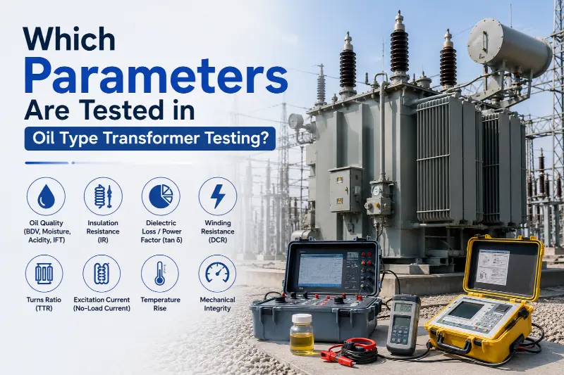 Hvilke parametere testes i oljetypetransformatortesting?
